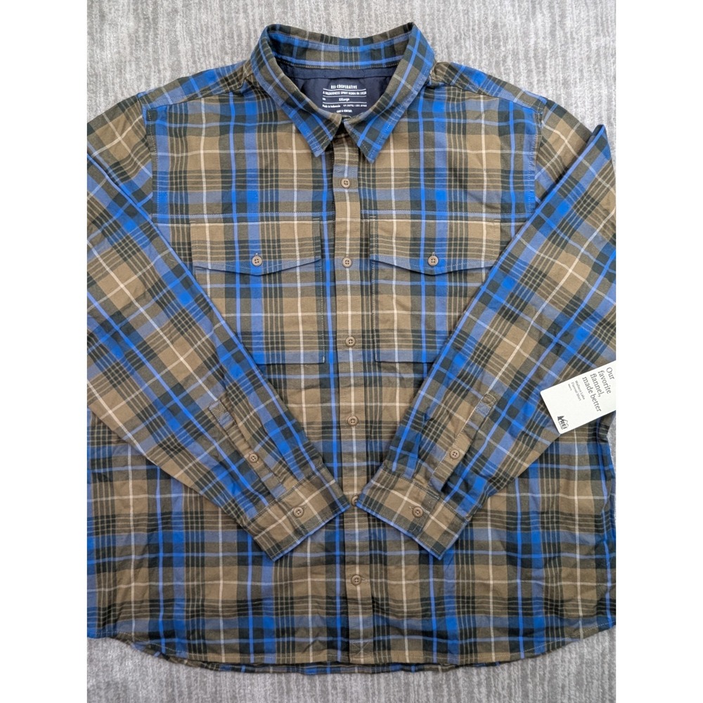 REI Co-Op Shirt Men's 2XL Wallace Lake Flannel Plaid Long Sleeve Blue Brown NWT